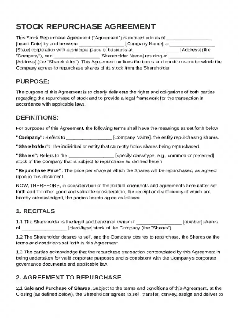Stock Repurchase Agreement Template Preview on Page 1