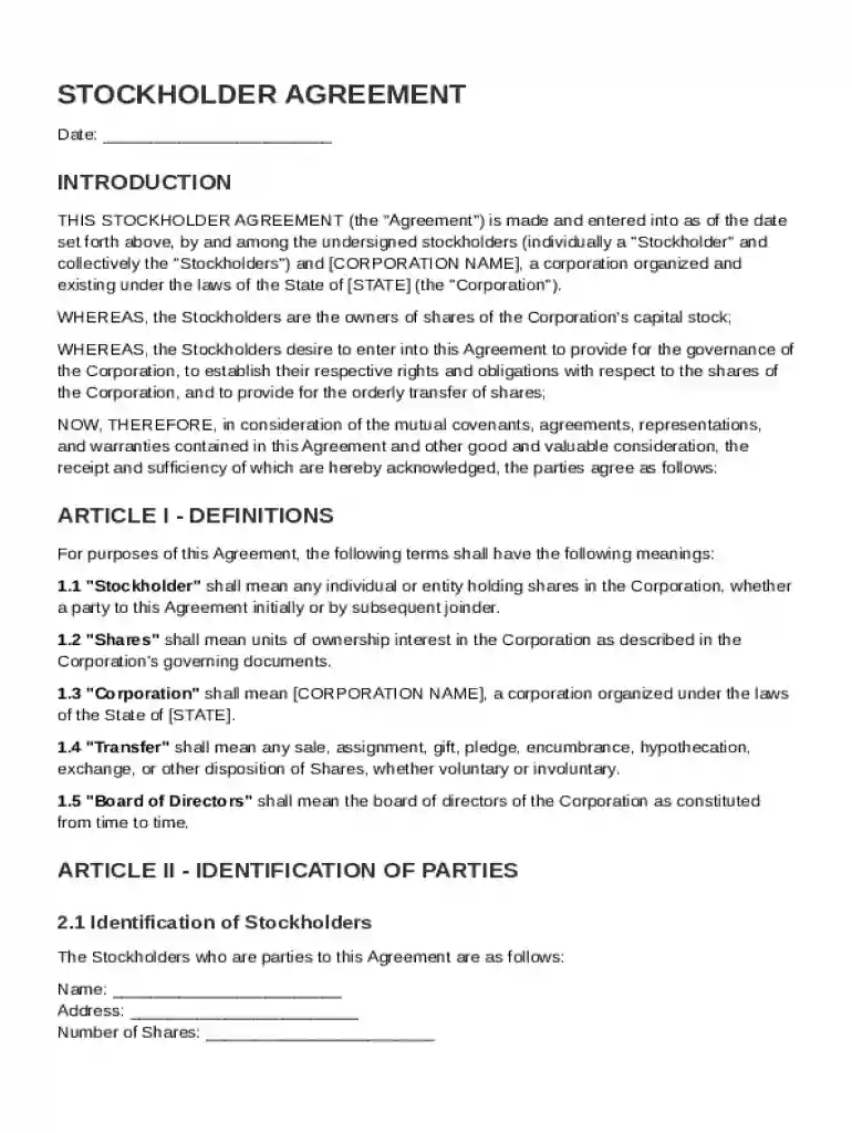 Stockholder Agreement Template Preview on Page 1