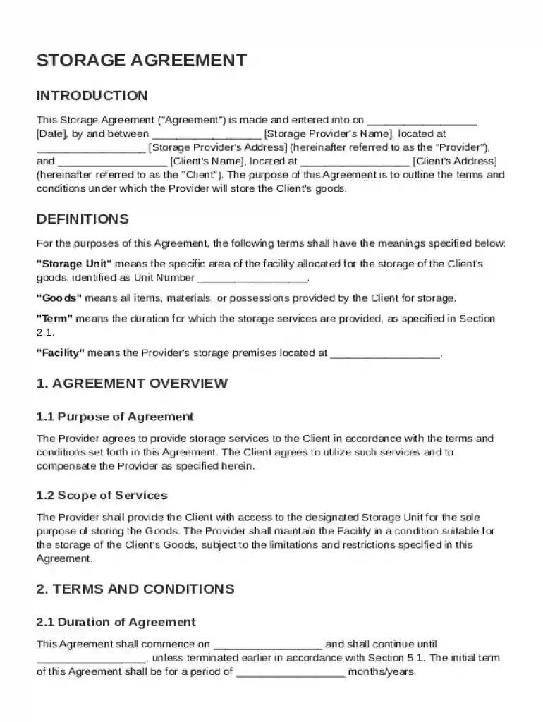 Storage Agreement Template Preview on Page 1
