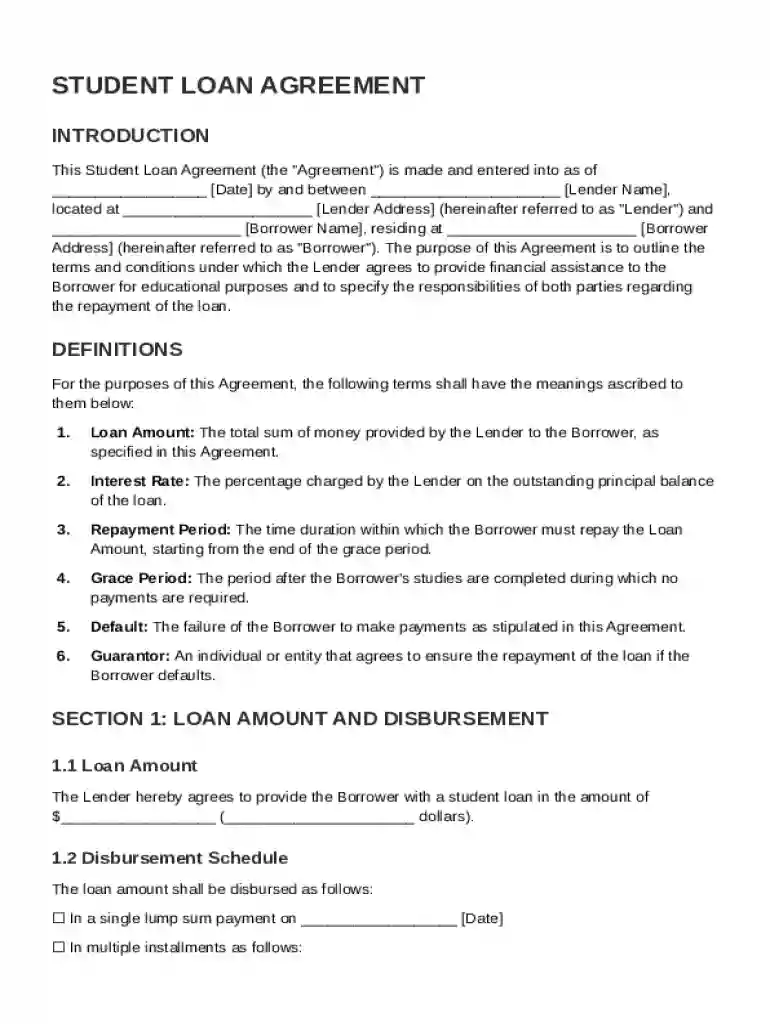 Student Loan Agreement Template Preview on Page 1