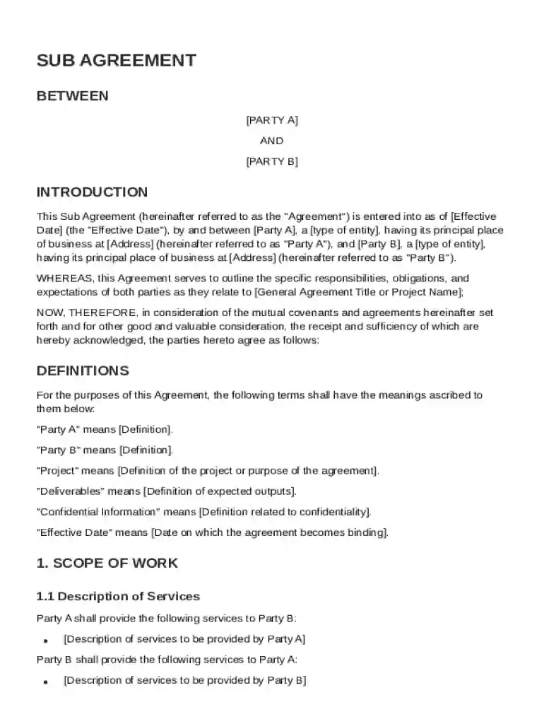Sub Agreement Template Preview on Page 1