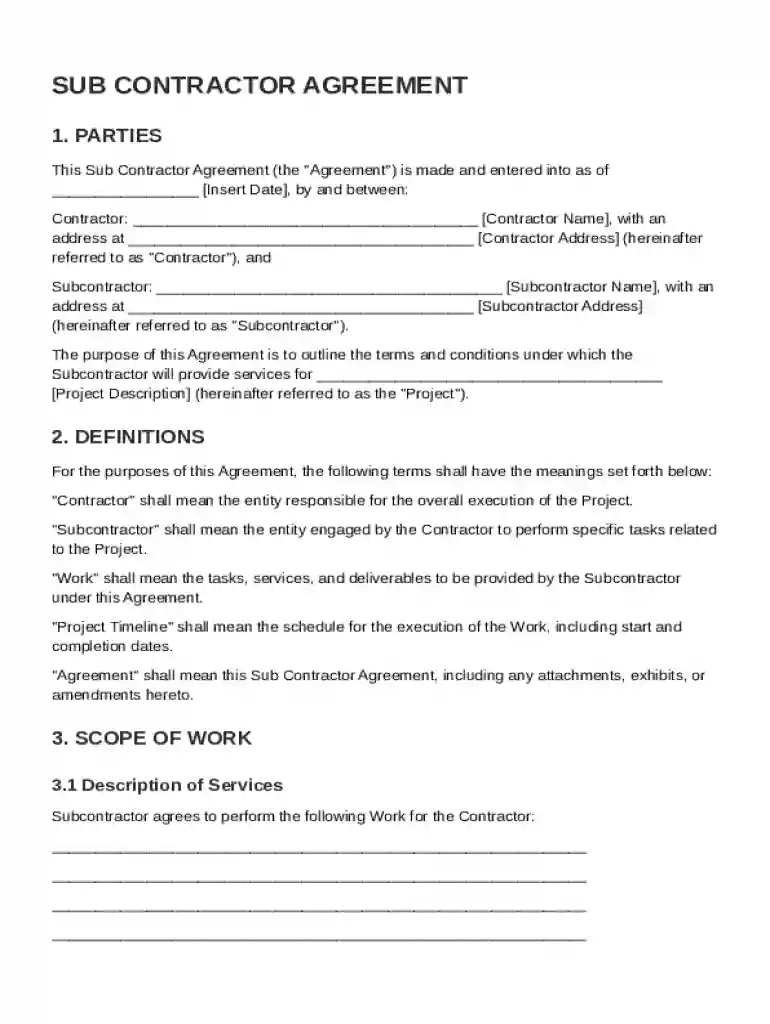 Sub Contractor Agreement Template Preview on Page 1
