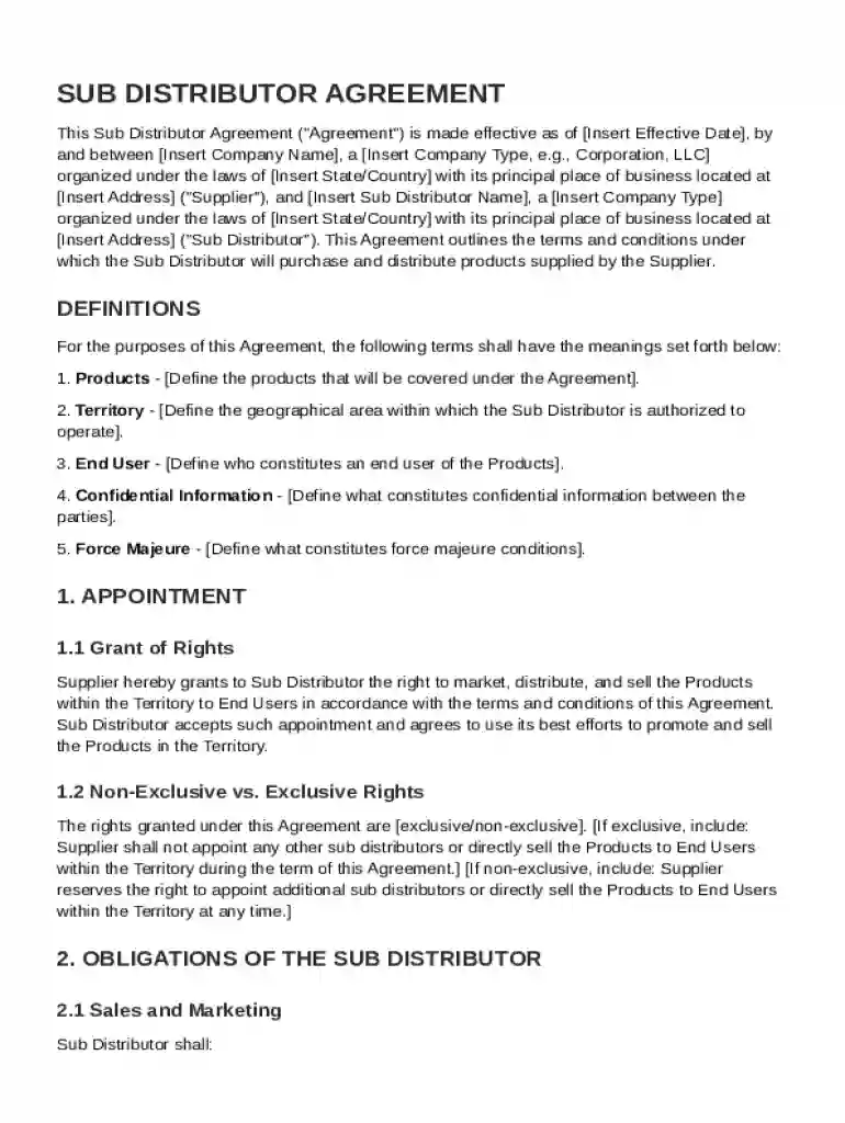 Sub Distributor Agreement Template Preview on Page 1