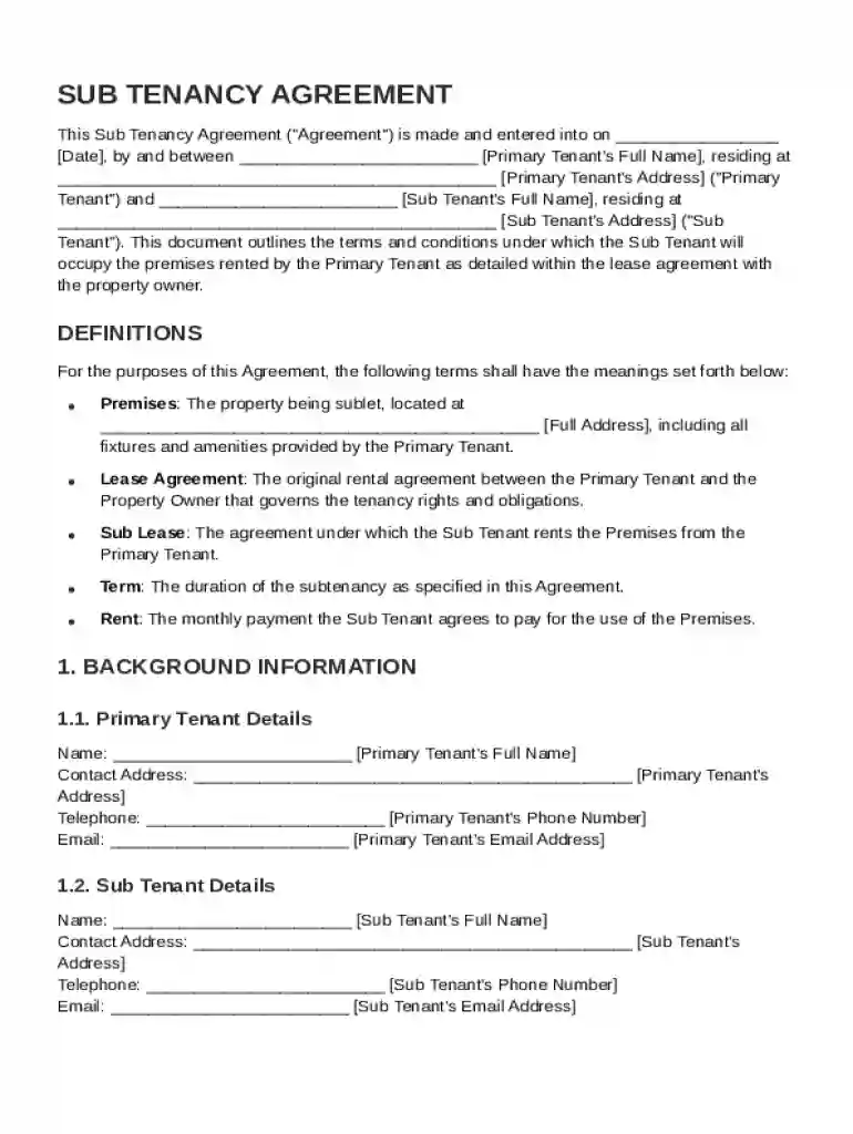 Sub Tenancy Agreement Template Preview on Page 1