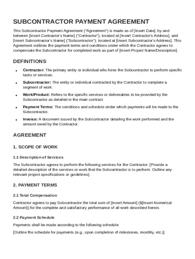 Subcontractor Payment Agreement Template Preview on Page 1