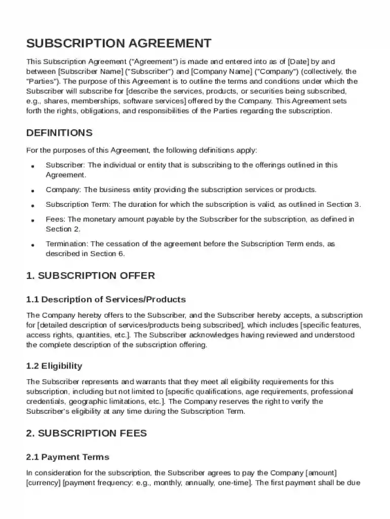 Subscription Subscription Agreement Template Preview on Page 1