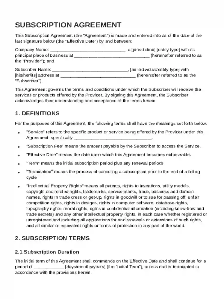 Subscription Us Agreement Template Preview on Page 1