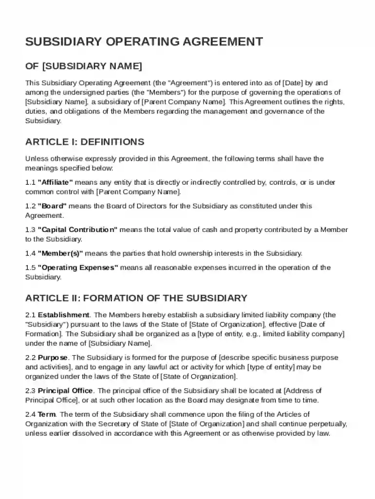 Subsidiary Operating Agreement Template Preview on Page 1