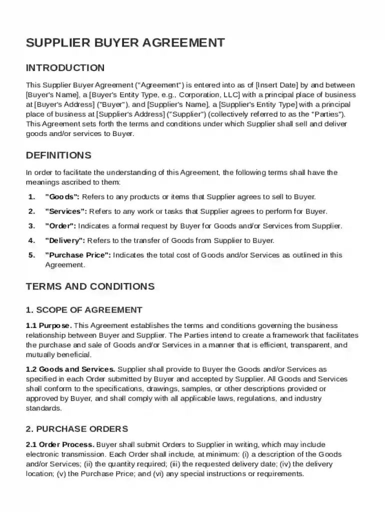 Supplier Buyer Agreement Template Preview on Page 1