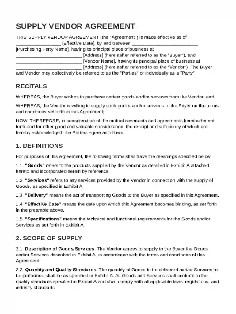 Supply Vendor Agreement Template Preview on Page 1
