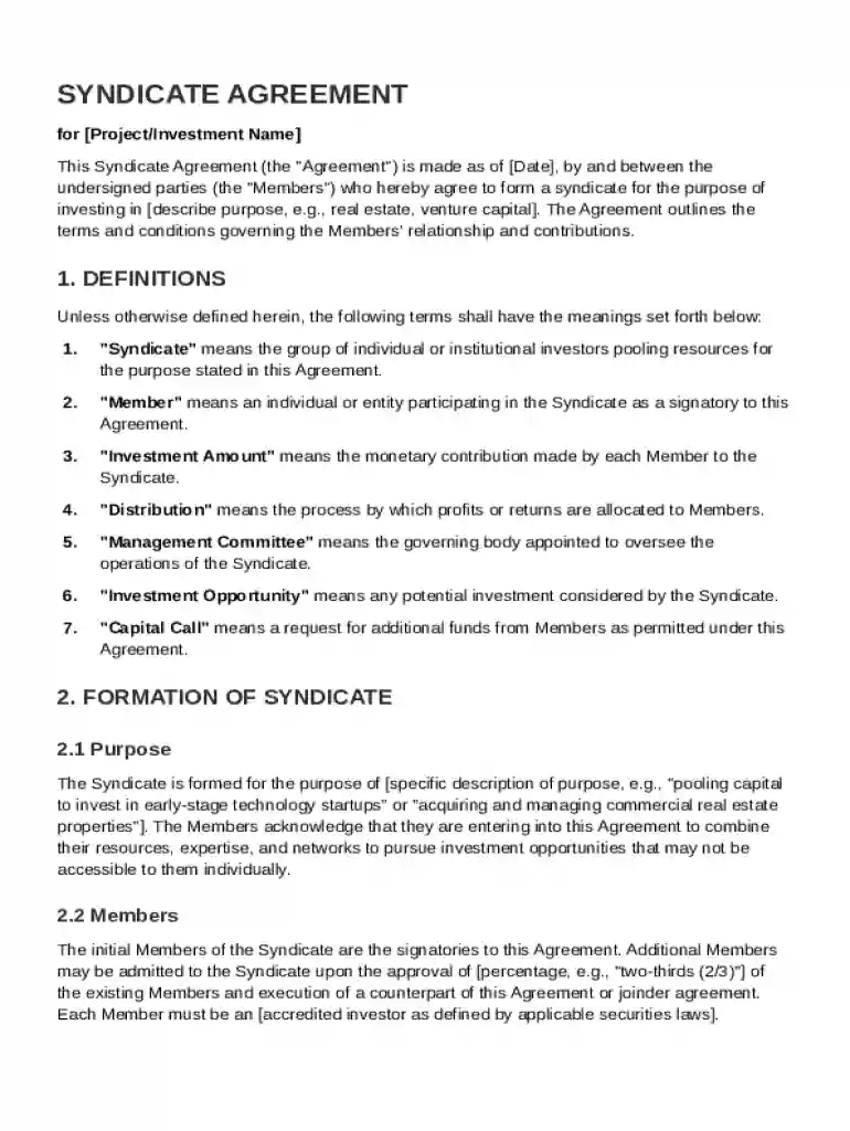 Syndicate Agreement Template Preview on Page 1