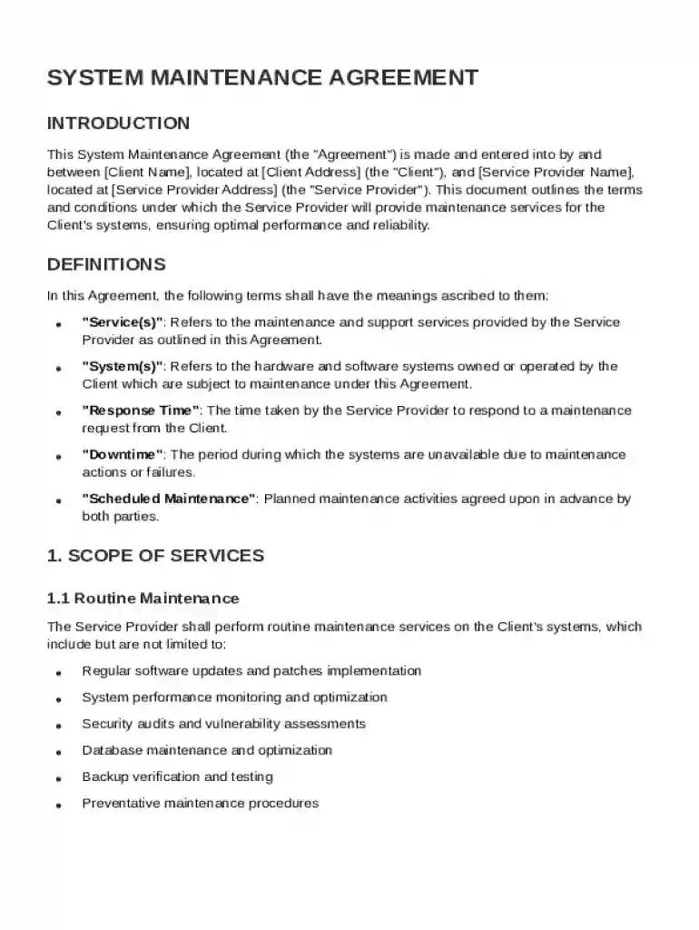 System Maintenance Agreement Template Preview on Page 1