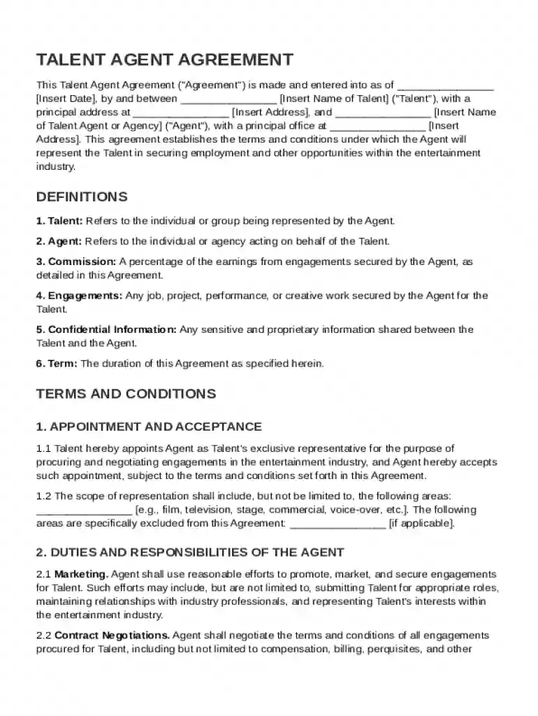 Talent Agent Agreement Template Preview on Page 1