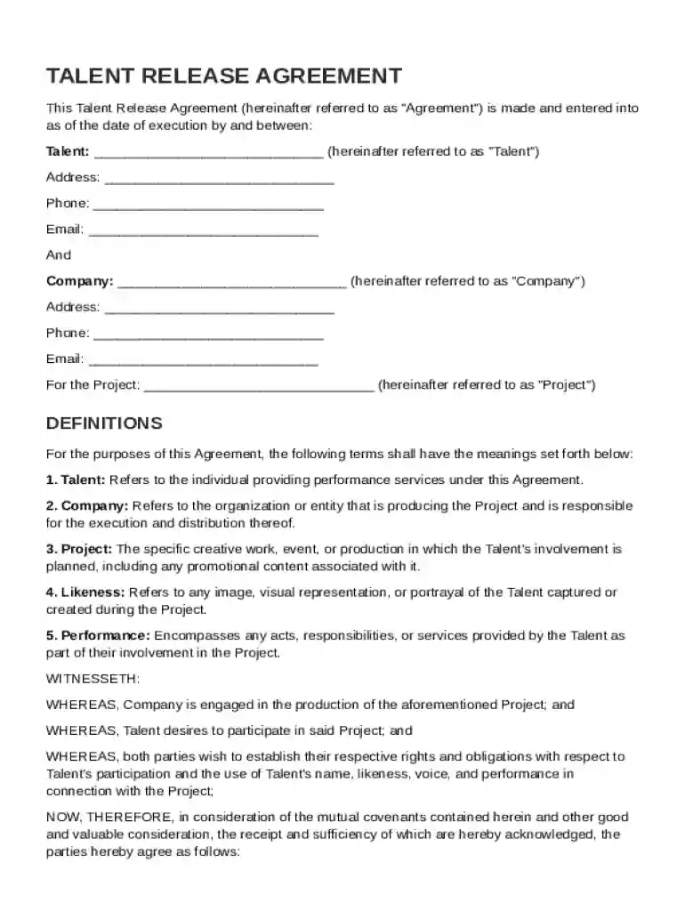 Talent Release Agreement Template Preview on Page 1