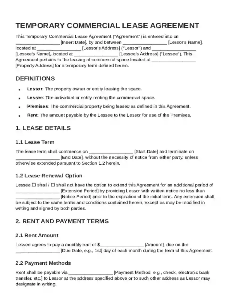 Temporary Commercial Lease Agreement Template Preview on Page 1