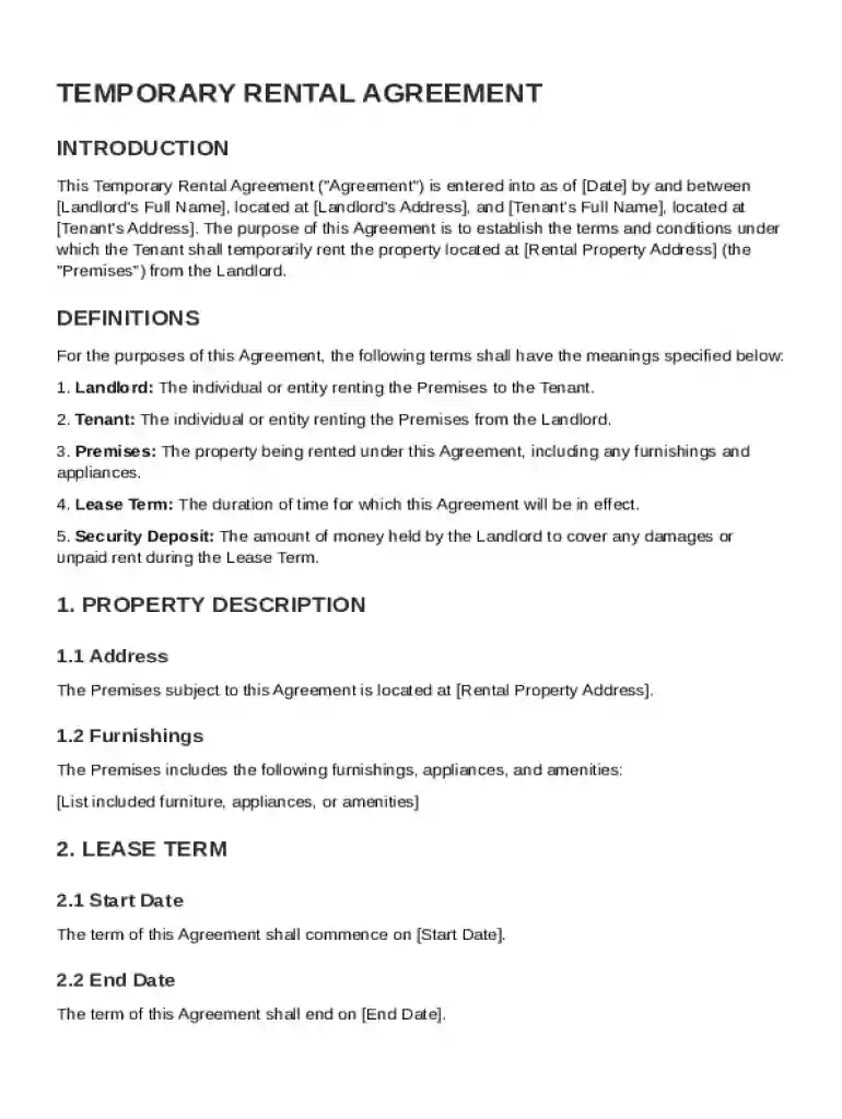 Temporary Rental Agreement Template Preview on Page 1