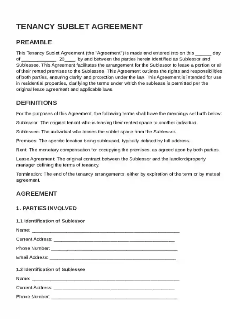 Tenancy Sublet Agreement Template Preview on Page 1