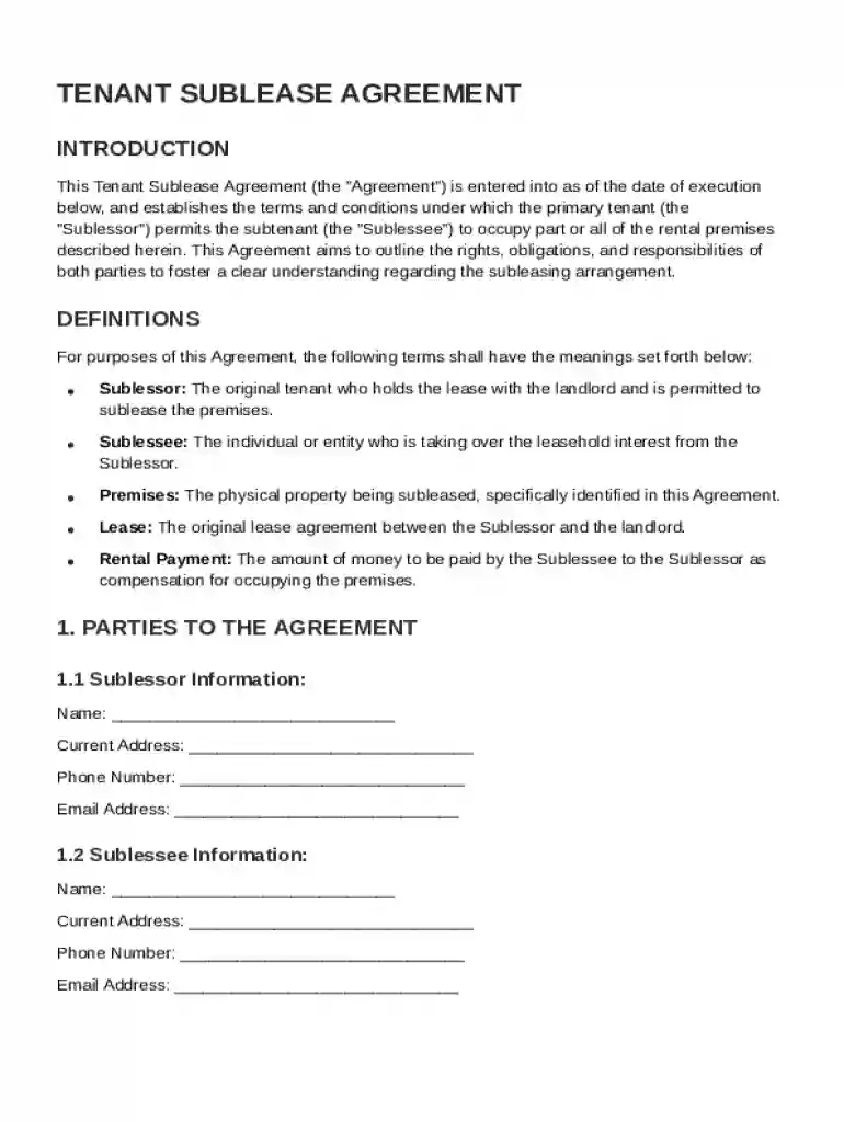 Tenant Sublease Agreement Template Preview on Page 1
