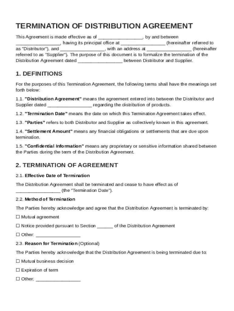 Termination of Distribution Agreement Template Preview on Page 1
