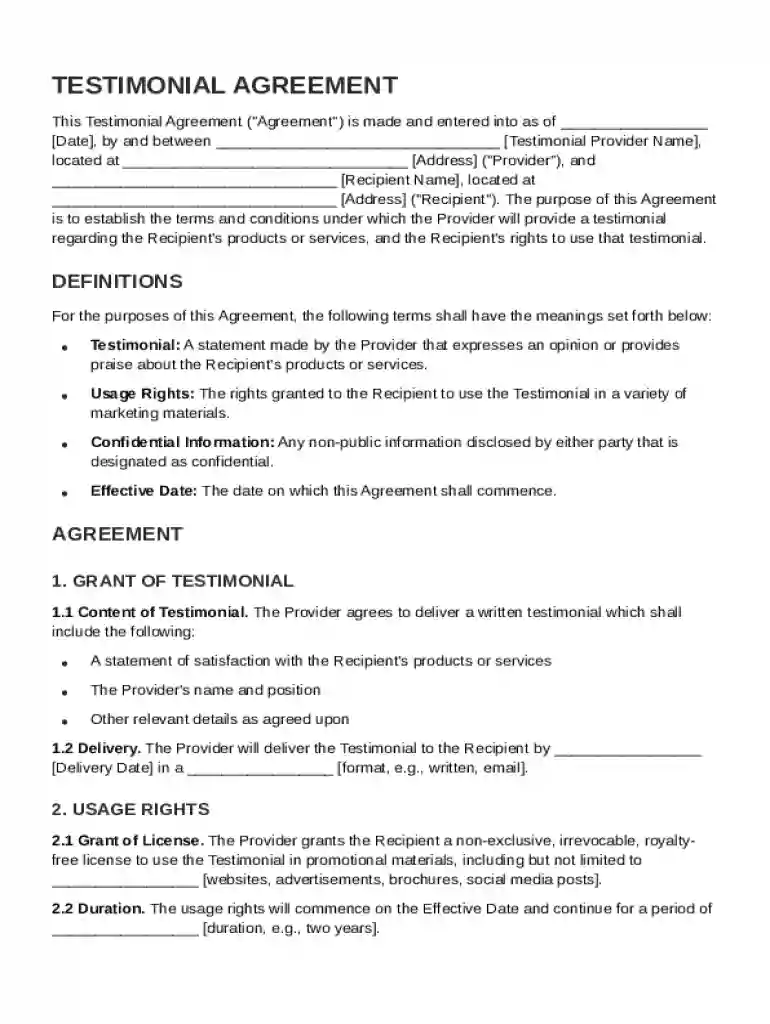 Testimonial Agreement Template Preview on Page 1