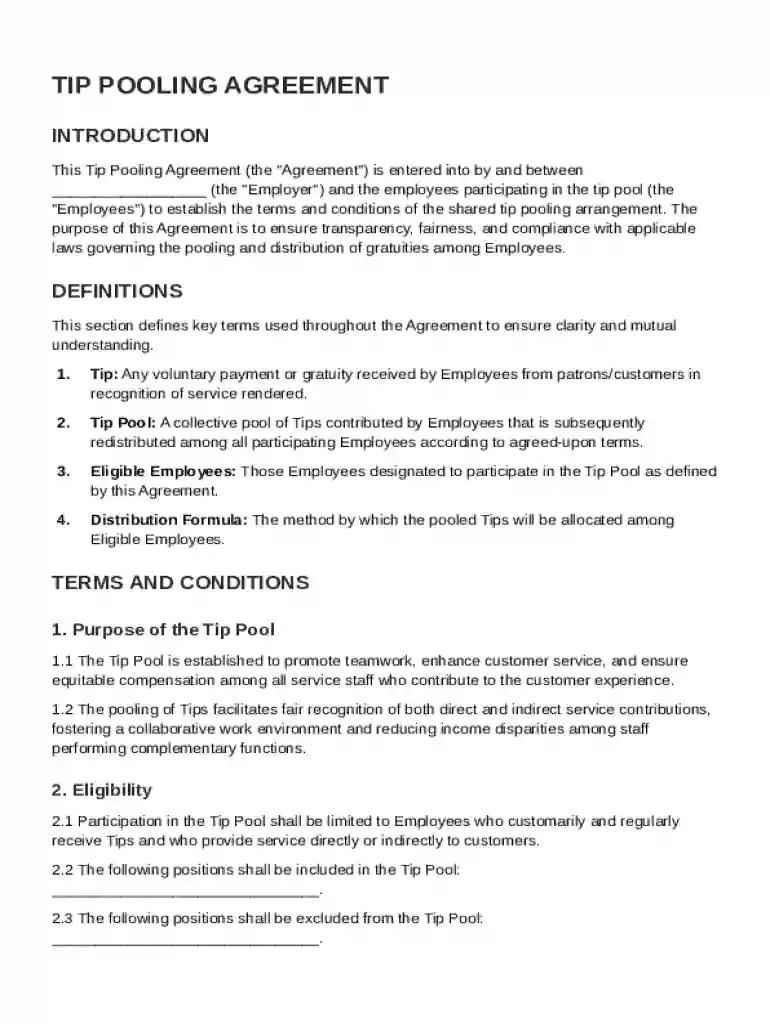Tip Pooling Agreement Template Preview on Page 1