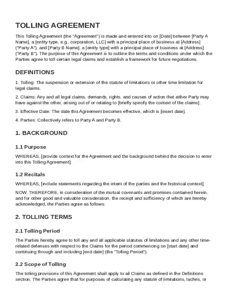 Tolling Agreement Template Preview on Page 1