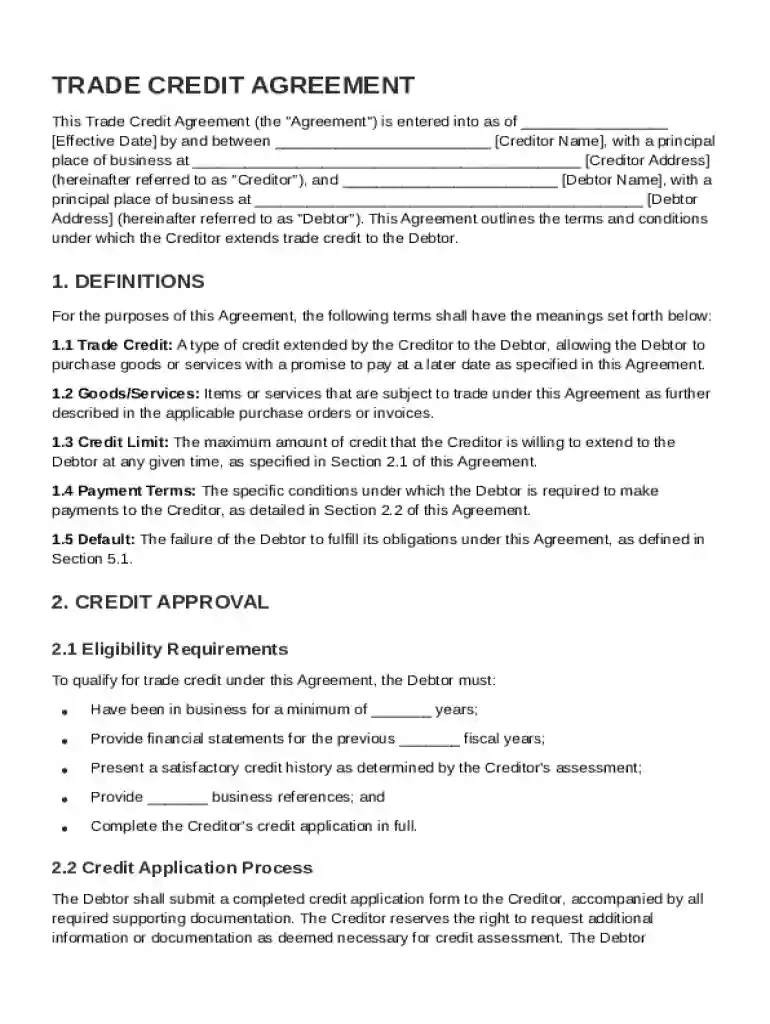 Trade Credit Agreement Template Preview on Page 1