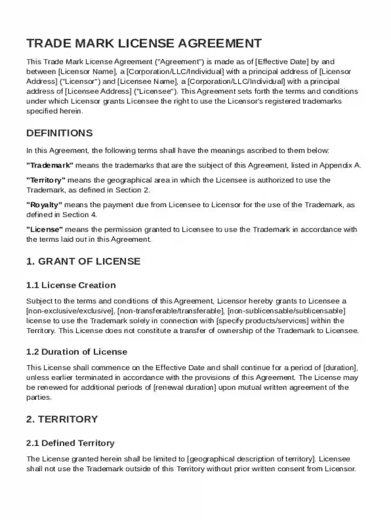Trade Mark License Agreement Template Preview on Page 1