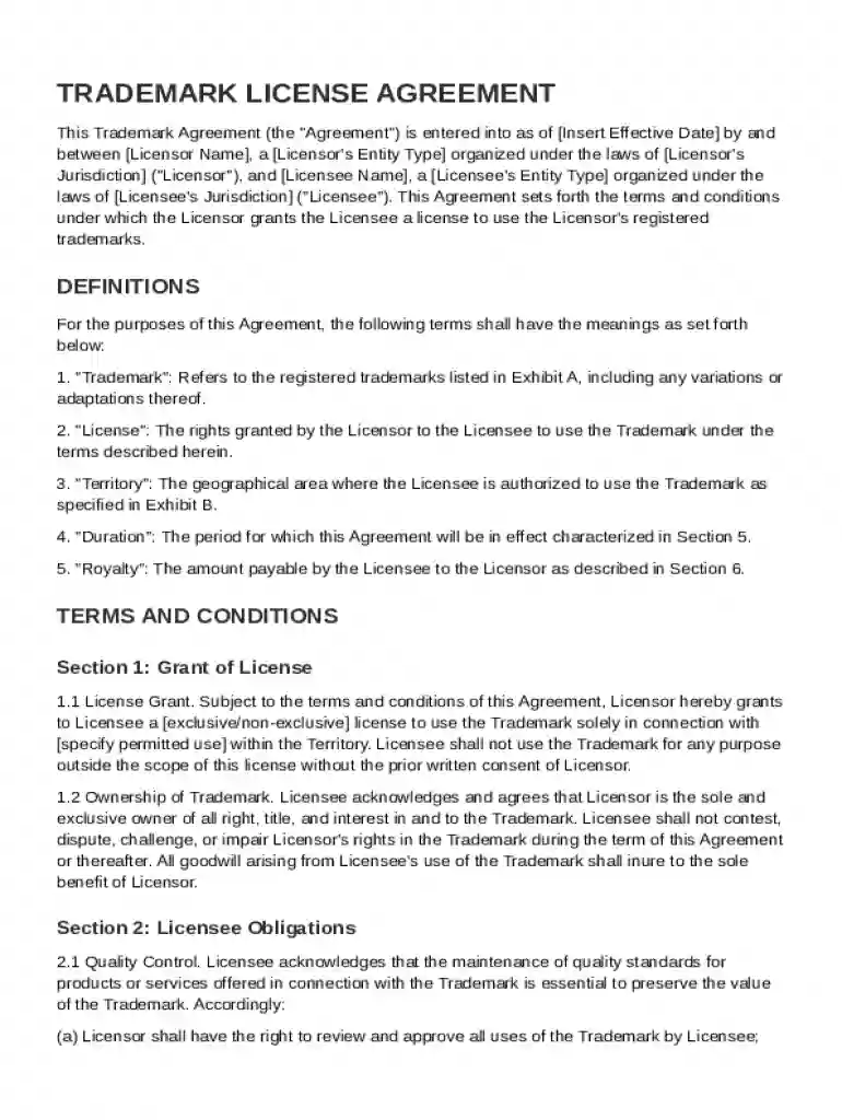 Trademark Agreement Template Preview on Page 1