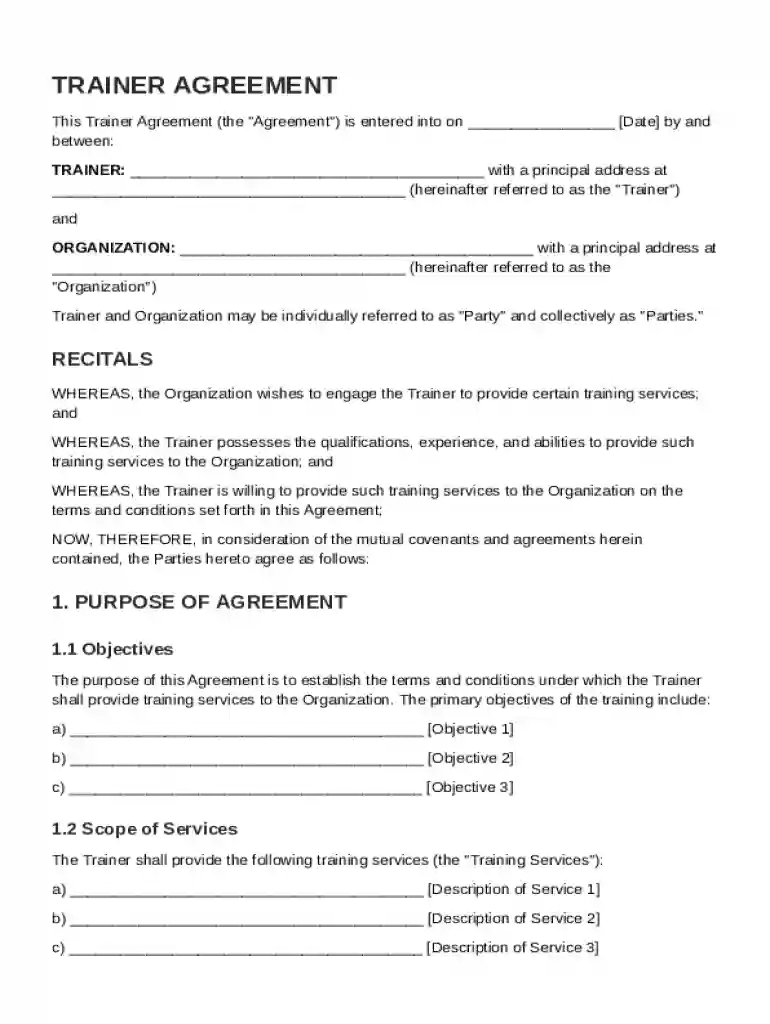 Trainer Agreement Template Preview on Page 1