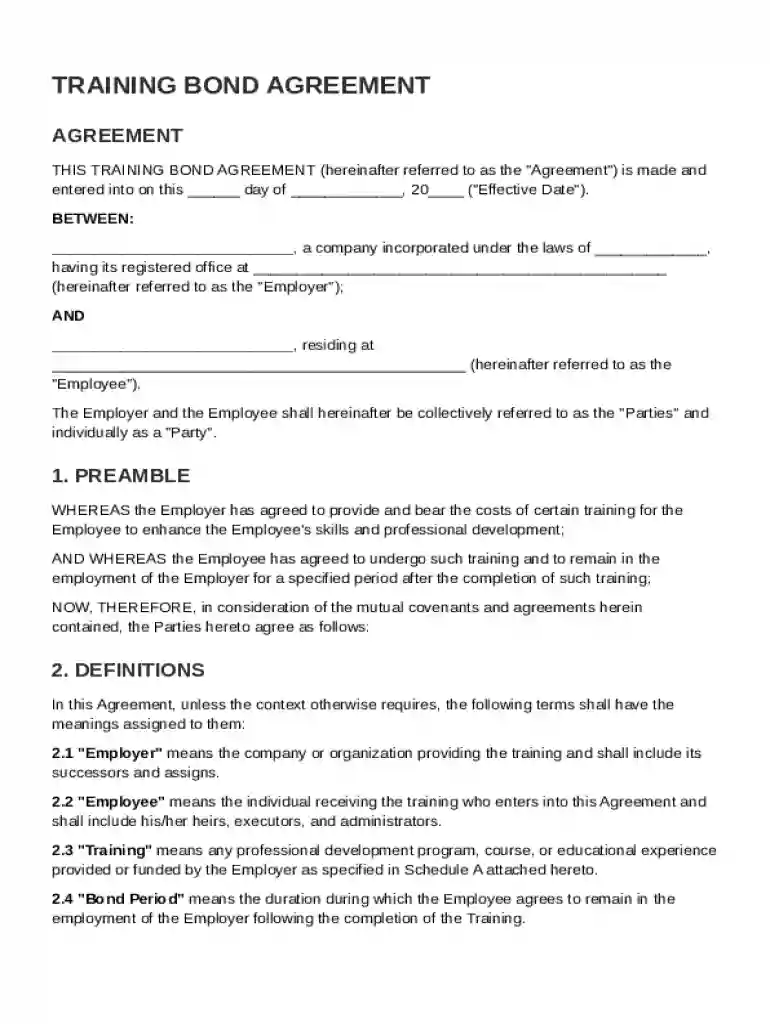 Training Bond Agreement Template Preview on Page 1
