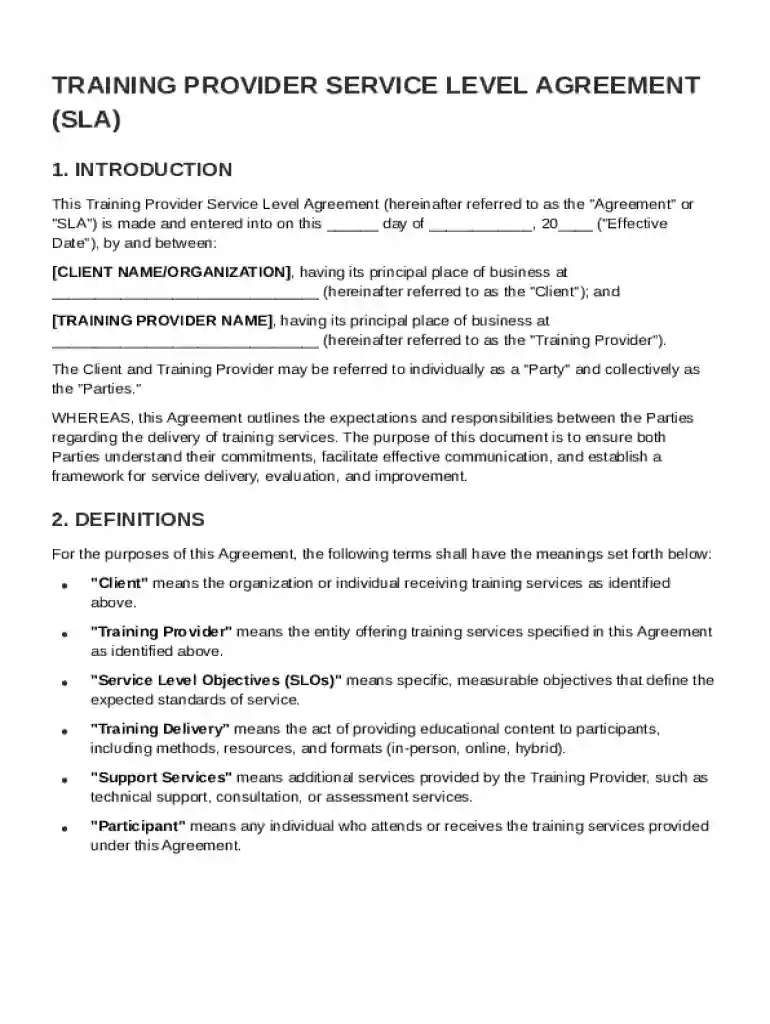 Training Provider Service Level Agreement Template Preview on Page 1