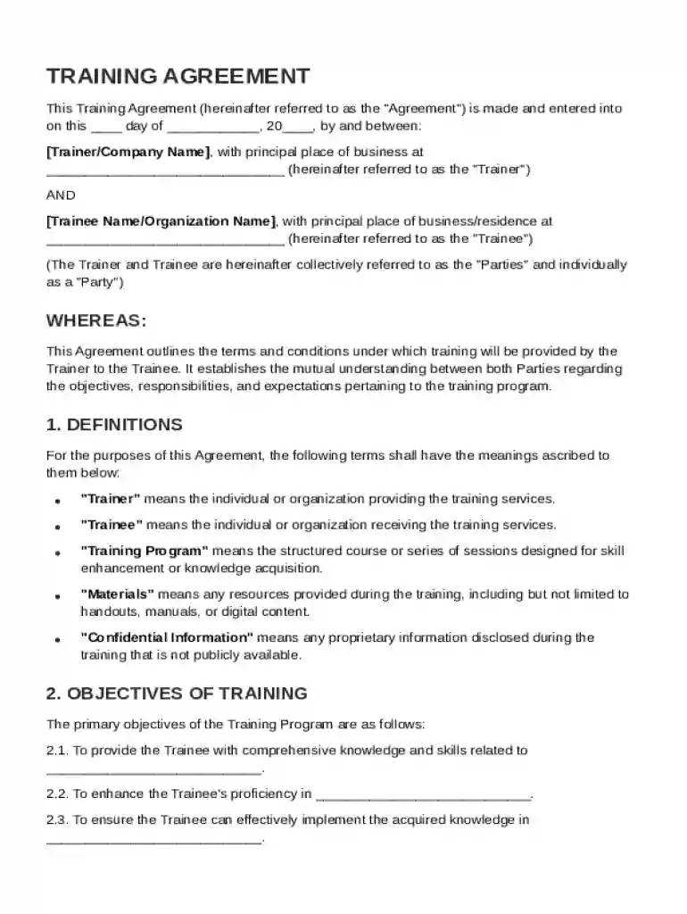 Training Training Agreement Template Preview on Page 1