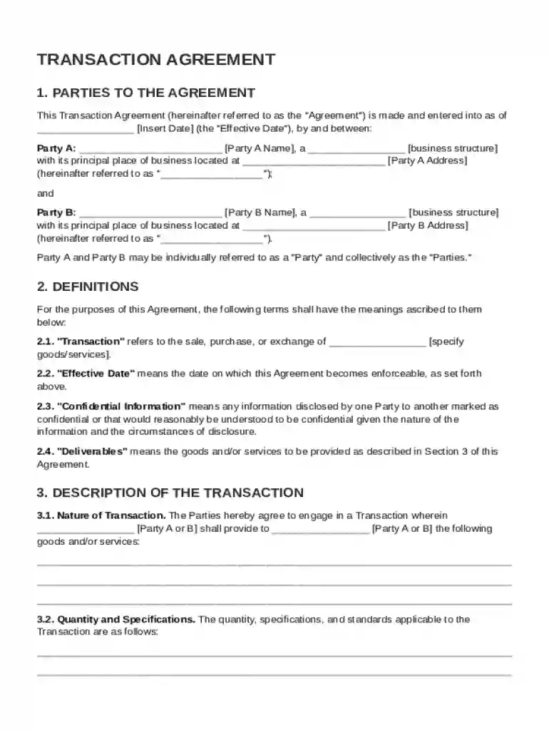 Transaction Agreement Template Preview on Page 1