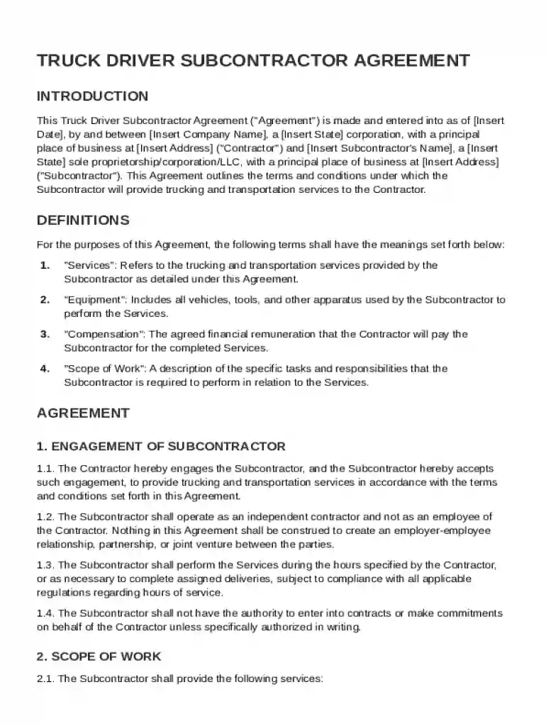 Truck Driver Subcontractor Agreement Template Preview on Page 1