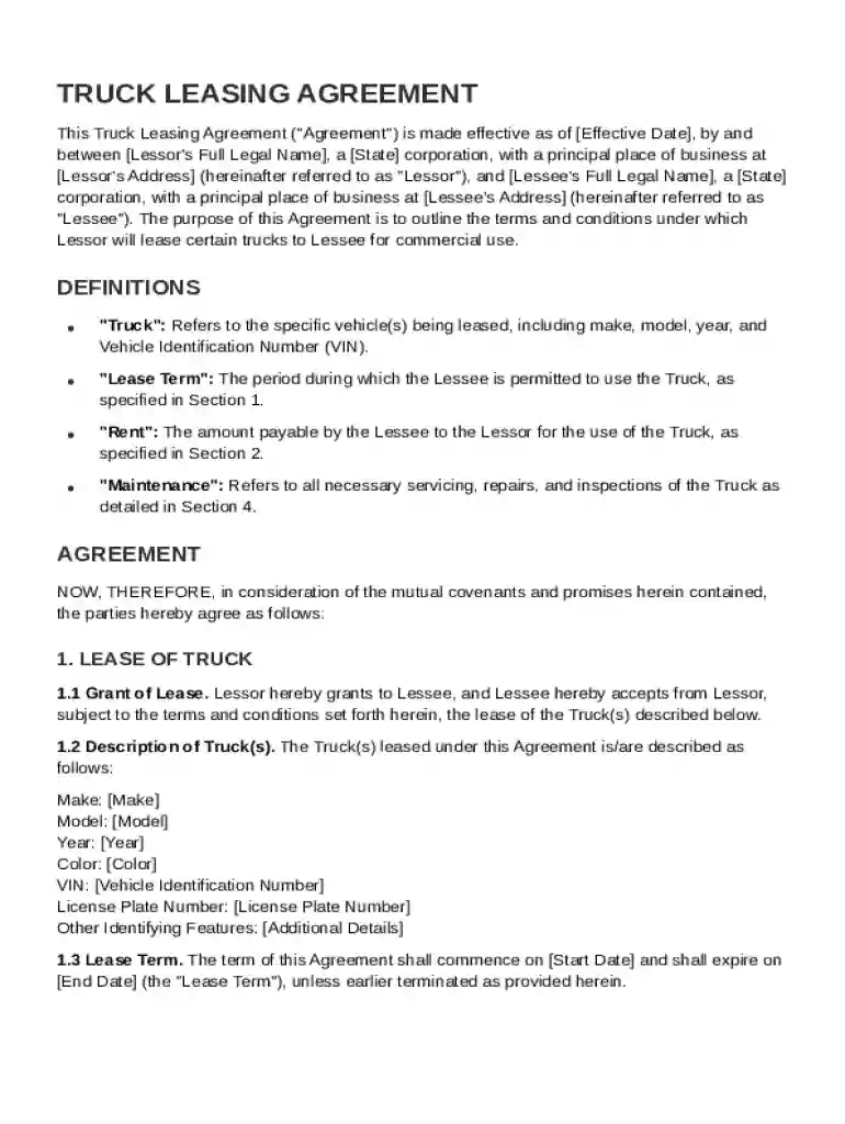 Truck Leasing Agreement Template Preview on Page 1