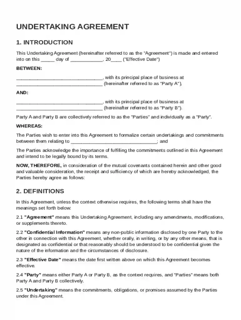 Undertaking Agreement Template Preview on Page 1