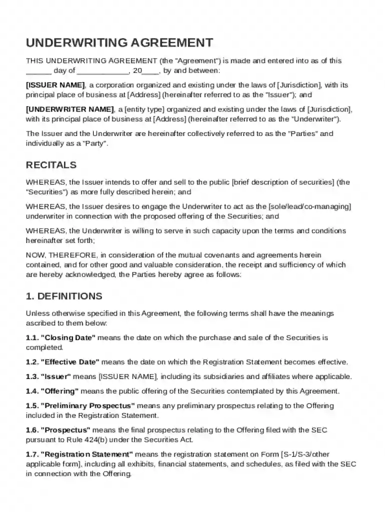 Underwriting Agreement Template Preview on Page 1
