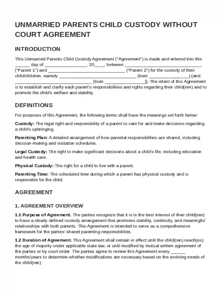 Unmarried Parents Child Custody Without Court Agreement Template Preview on Page 1