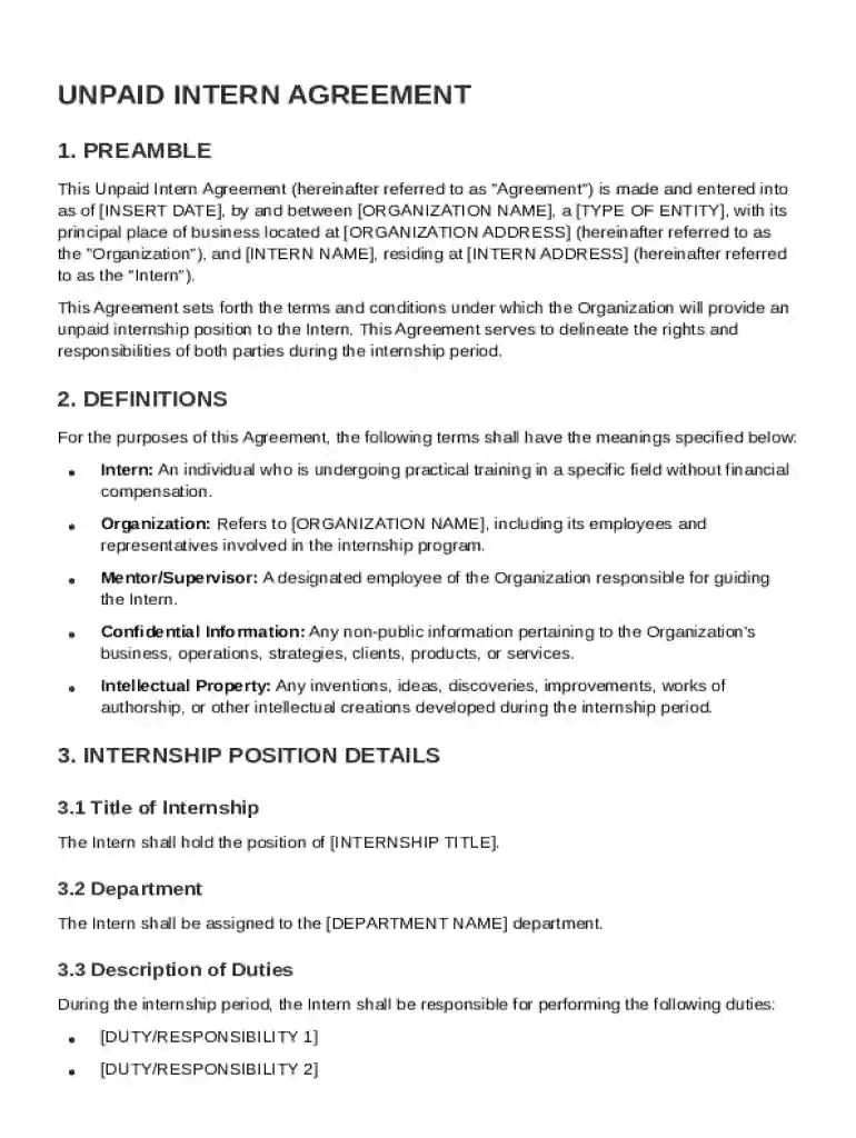 Unpaid Intern Agreement Template Preview on Page 1