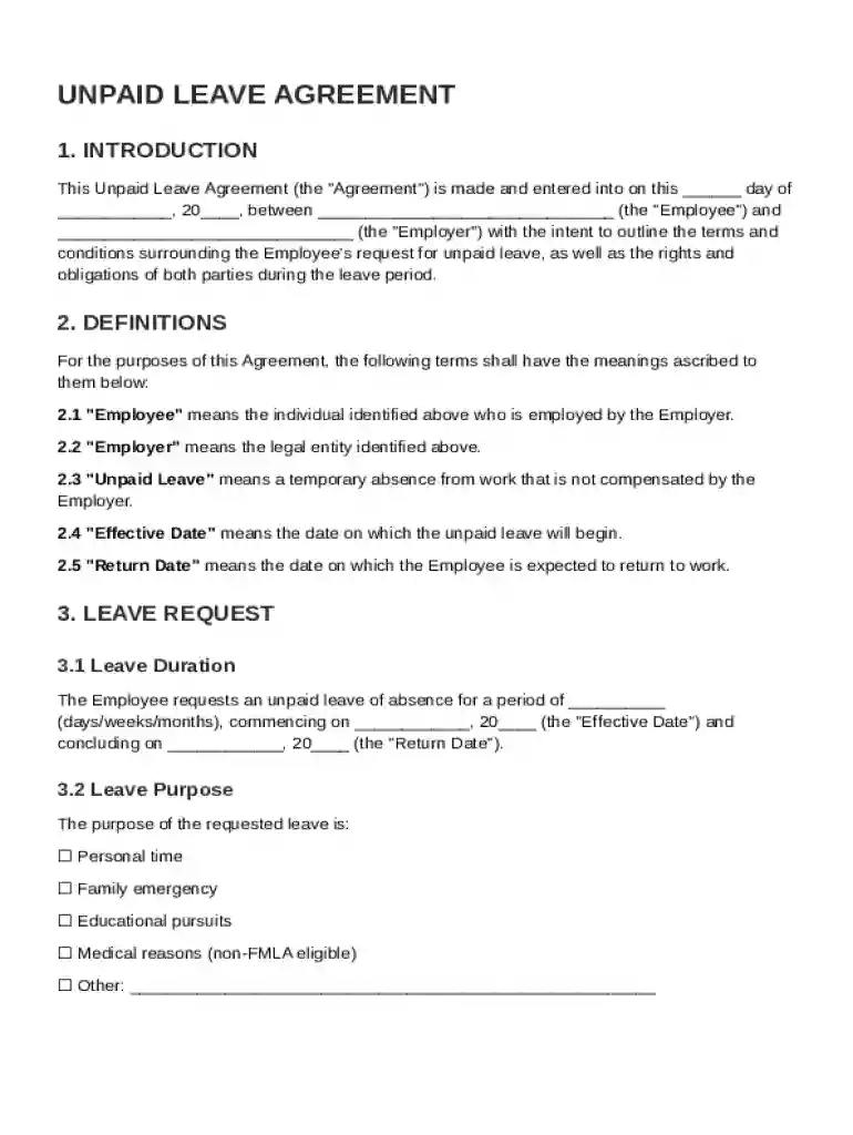 Unpaid Leave Agreement Template Preview on Page 1