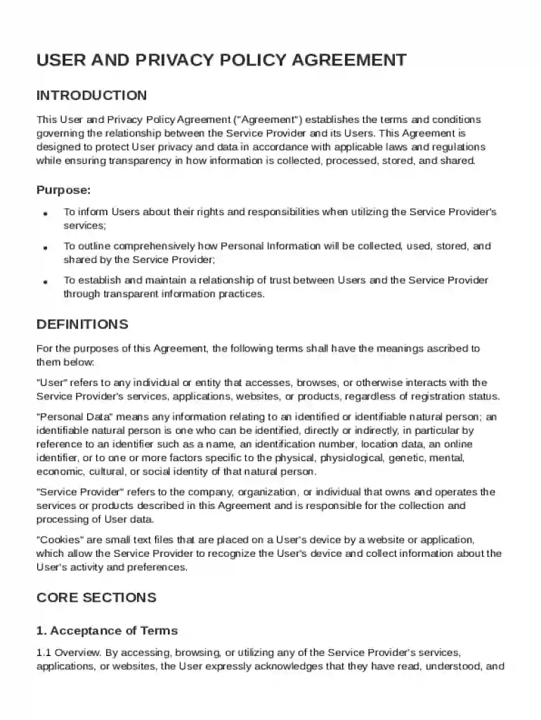 User and Privacy Policy Agreement Template Preview on Page 1