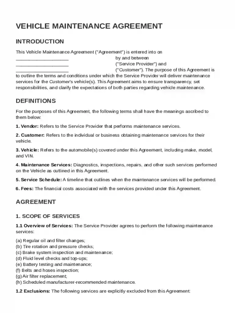 Vehicle Maintenance Agreement Template Preview on Page 1
