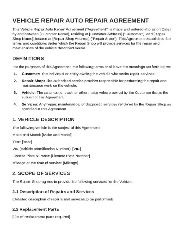 Vehicle Repair Auto Repair Agreement Template Preview on Page 1
