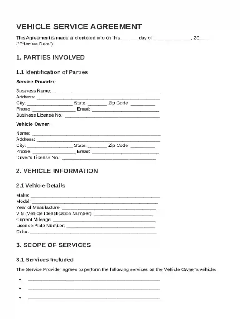 Vehicle Service Agreement Template Preview on Page 1