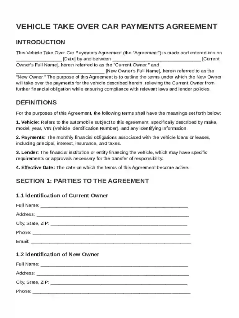 Vehicle Take Over Car Payments Agreement Template Preview on Page 1