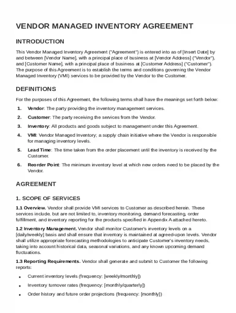 Vendor Managed Inventory Agreement Template Preview on Page 1