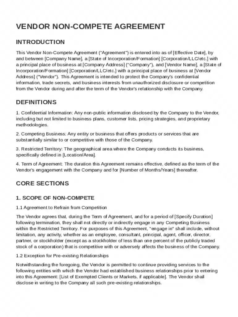 Vendor Non Compete Agreement Template Preview on Page 1