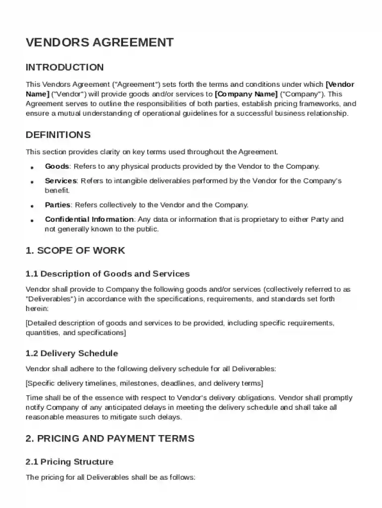 Vendors Agreement Template Preview on Page 1