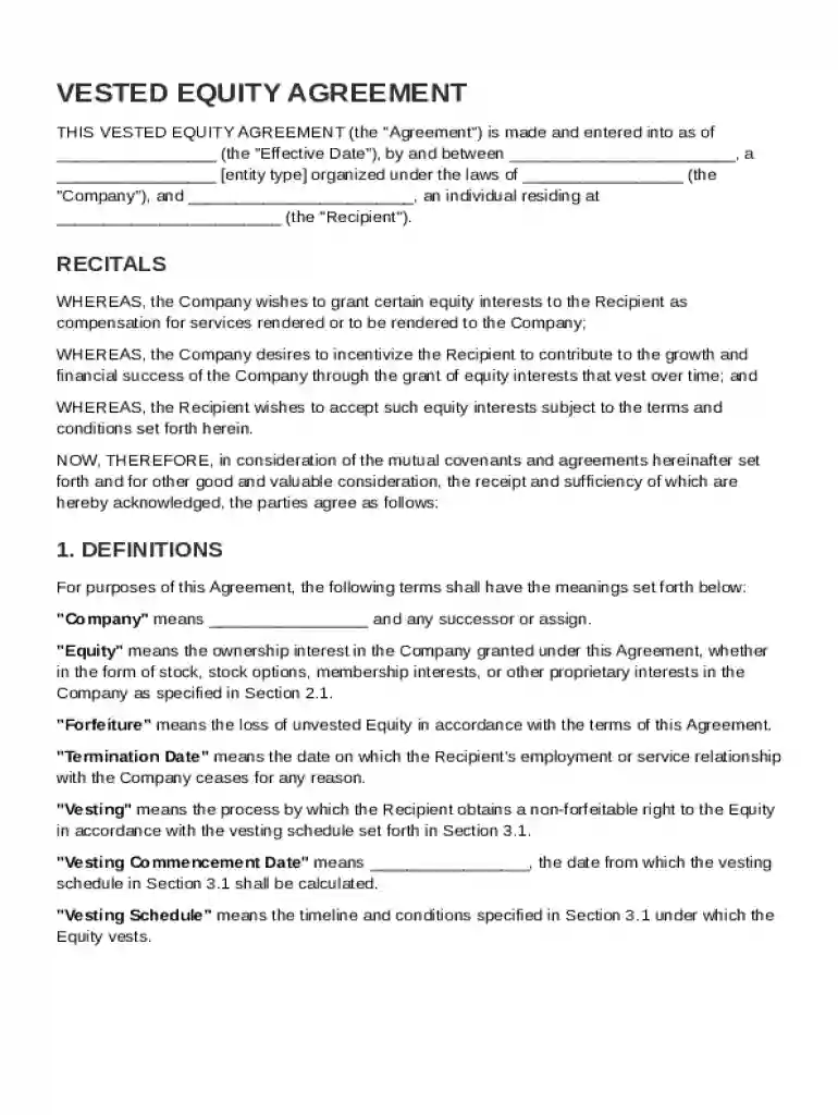 Vested Equity Agreement Template Preview on Page 1